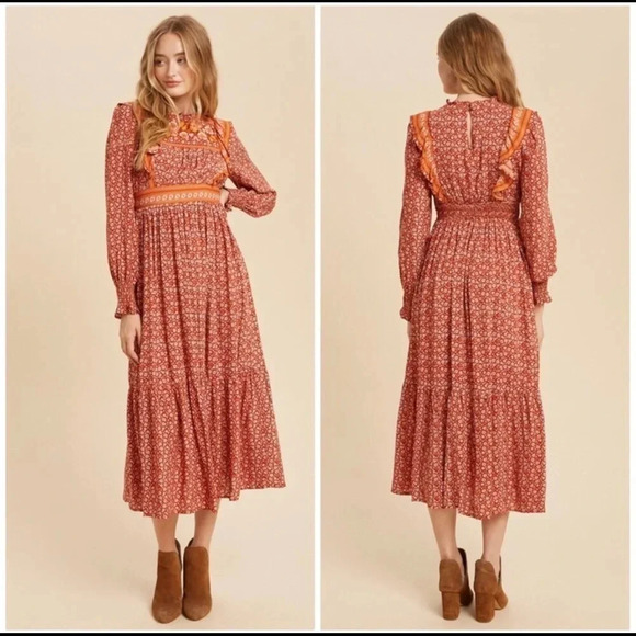 Boho Rust Floral Ruffle Midi Dress | Smocked Waist Prairie Dress - Picture 4 of 7